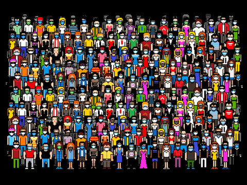 crowd of people wearing masks - quarantine virus threat, pixel art illustration