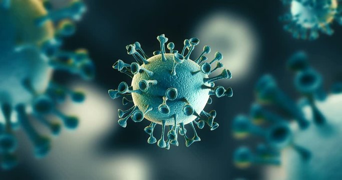 4k animation. Coronavirus 2019-nCov coronavirus concept resposible for asian flu outbreak. Coronaviruses influenza as dangerous flu strain cases as a pandemic. Microscope virus close up. 3d rendering