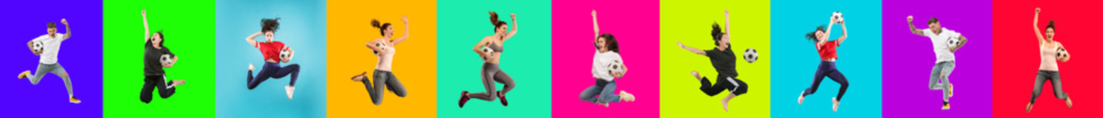 Collage of 5 young emotional jumping people on multicolored bright background. Concept of human...
