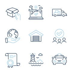 Parking garage, Truck transport and Airplane travel line icons set. Diploma certificate, save planet, group of people. Hold box, Taxi and Lighthouse signs. Car place, Delivery, Check in. Vector