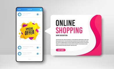 Phone banner template. Special offer liquid shape. Discount banner. Sale coupon icon. Social media banner with smartphone screen. Online shopping web template. Special offer promotion badge. Vector