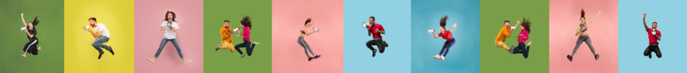Collage of 8 young emotional jumping people on multicolored bright background. Concept of human emotions, facial expression, sales. Header, banner or flyer. Sport, finance. Calling with megaphone.