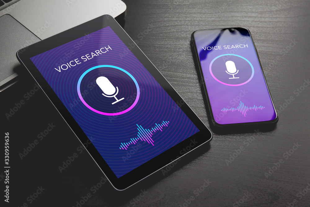 Aufkleber voice search technology, speech detect and sound recognition deep learning concept. application with