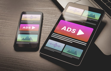 Programmatic Advertising concept. Online native targeting ads marketing strategy. Advertising media banner block when viewing a site on a mobile phone and tablet pc screens. - obrazy, fototapety, plakaty