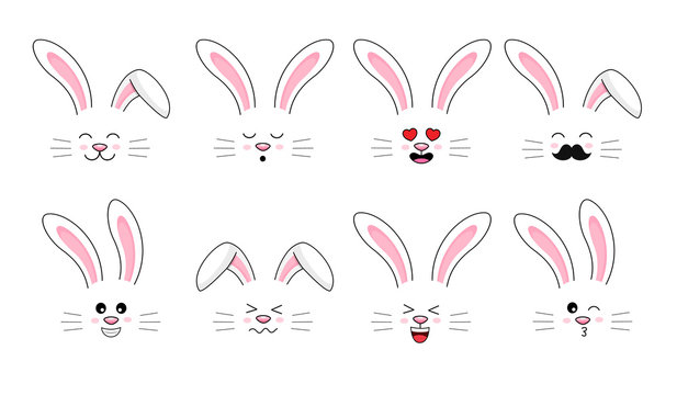 Collection of funny bunnies. Set of cute rabbits. Bundle of heads of cartoon animals. Vector illustration isolated on white background.