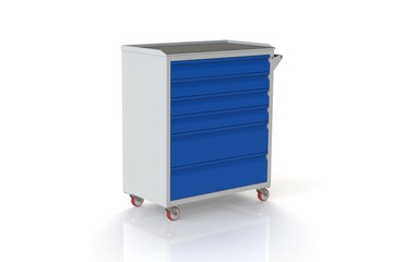Metal tool cabinet on wheels with drawers. A convenient place for storing tools and spare parts. Metal furniture.  3D-model rendering of the table for shooting from above.