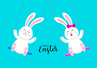 Cute cartoon bunny on swing. Happy Easter day concept. Cartoon character design. Vector illustration isolated on blue background.