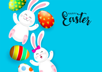 Cute cartoon rabbit with colorful Easter eggs. Cute bunny. Cartoon character design, vector illustration isolated on blue background.