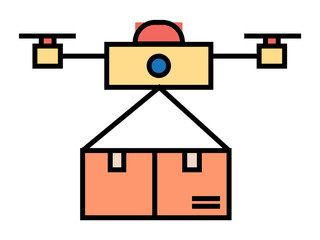 Delivery of parcels using new innovative technologies. Isolated drone and carton box outline. Flying helicopter with container, transporting order of client. Line art characters, vector in flat