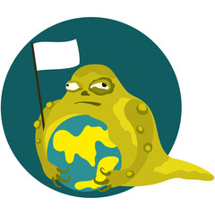 Slime monster is attacks a world/ Illustration a nasty creature. It holds a planet and a banner