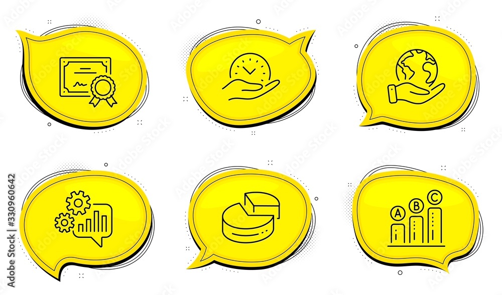Poster safe time sign. diploma certificate, save planet chat bubbles. cogwheel, pie chart and graph chart l