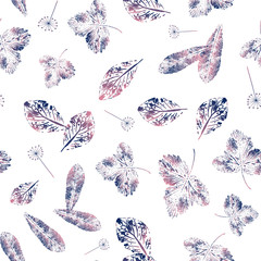 Seamless pattern with leaf prints in blue and pink colors.