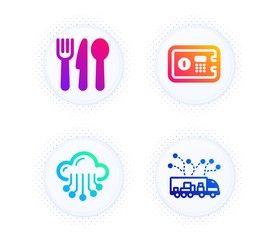 Safe box, Cloud storage and Food icons simple set. Button with halftone dots. Truck delivery sign. Deposit, Data service, Cutlery. Logistics. Business set. Gradient flat safe box icon. Vector