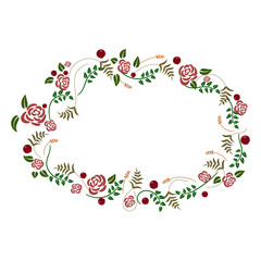 oval frame of flowers of roses and different leaves with berries