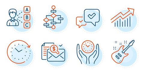 Safe time, Accounting report and Approve signs. Electric guitar, Block diagram and Demand curve line icons set. Time change, Opinion symbols. Musical instrument, Algorithm path. Vector