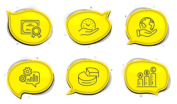 Safe time sign. Diploma certificate, save planet chat bubbles. Cogwheel, Pie chart and Graph chart line icons set. Engineering tool, 3d graph, Growth report. Management. Science set. Vector