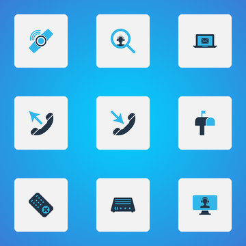 Communication Icons Colored Set With Search Dispatcher, Radio, Smart Watch And Other Magnifier Elements. Isolated Vector Illustration Communication Icons.