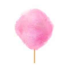 Cotton candy. Realistic pink cotton candy on wooden stick. Summer tasty and sweet snack for children in parks and food festivals. 3d vector realistic illustration isolated on white background