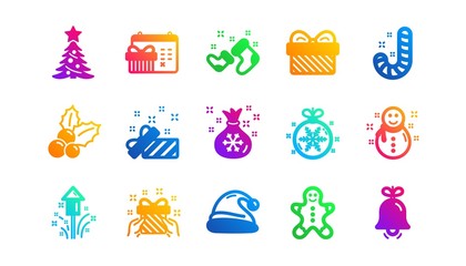 Santa hat, Snowflake and Gift box. Christmas icons. New year classic icon set. Gradient patterns. Quality signs set. Vector