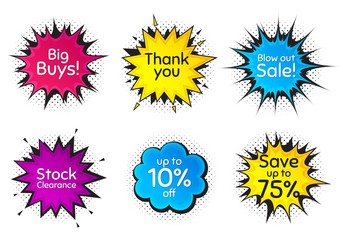 Save 75%, 10% discount and stock clearance. Comic speech bubble. Thank you, hi and yeah phrases. Sale shopping text. Chat messages with phrases. Colorful texting comic speech bubble. Vector