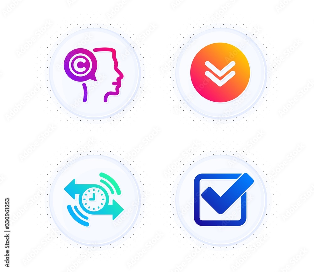 Poster scroll down, timer and writer icons simple set. button with halftone dots. checkbox sign. swipe arro