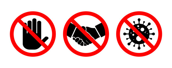Stop handshake sign set. Coronavirus illustration. Danger sign. Vector