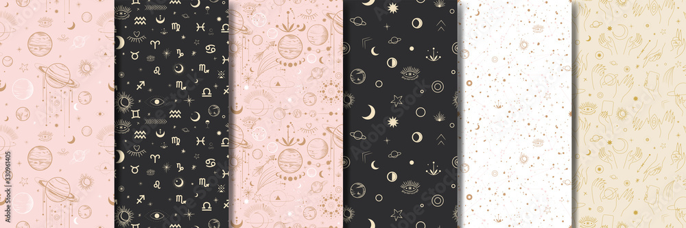 Wall mural vector illustration set of moon phases. different stages of moonlight activity in vintage engraving 