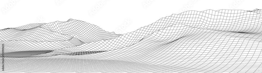 Poster vector wireframe 3d landscape. technology grid illustration. network of connected dots and lines. fu