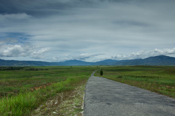 Fototapeta na wymiar Road getting to mountains, Napu Village, Indonesia