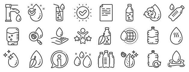 Set of Bottle, Antibacterial filter and Tap water linear icons. Water drop line icons. Bacteria, Cooler and Refill barrel bottle. Liquid drop, antibacterial cleaner and drink machine, tap. Vector
