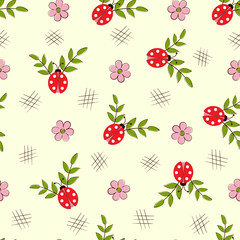 Seamless pattern with ladybugs and flowers on a white background in a flat style.