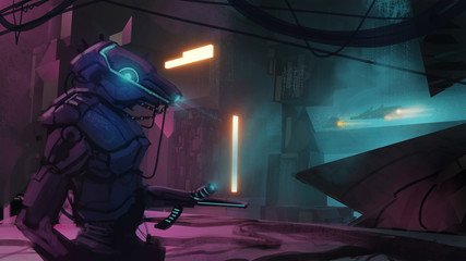 Digital 3d illustration of robot security droid patrolling a glowing futuristic sci-fi city environment - digital science fiction painting © Dominick
