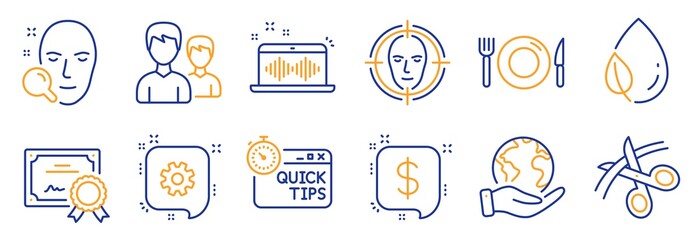 Set of Business icons, such as Leaf dew, Scissors. Certificate, save planet. Quick tips, Payment message, Face detect. Cogwheel, Music making, Food. Face search, Couple line icons. Vector