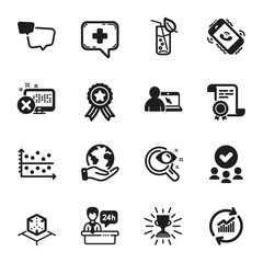 Set of Business icons, such as Medical chat, Call center. Certificate, approved group, save planet. Vision test, Trophy, Speech bubble. Augmented reality, Water glass, Reception desk. Vector