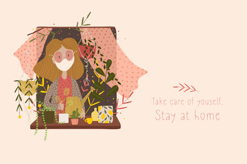 Put on a medical mask. The world is struggling with an outbreak of coronavirus. do not panic and stay home for your safety. take care of yourself. Vector graphics