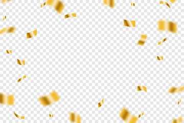 Confetti on transparent background. Falling shiny gold confetti. Vector Confetti Overlays. Gold Confetti Party Celebration Background