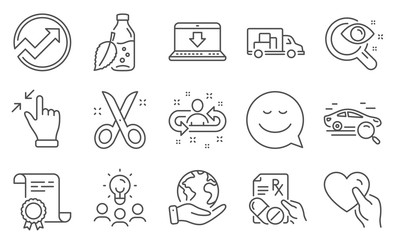 Set of Business icons, such as Truck transport, Audit. Diploma, ideas, save planet. Internet downloading, Recruitment, Smile. Touchscreen gesture, Scissors, Search car. Vector