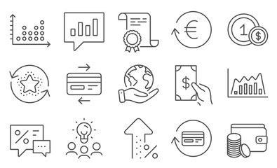 Set of Finance icons, such as Infographic graph, Usd coins. Diploma, ideas, save planet. Payment method, Analytical chat, Loyalty points. Credit card, Refund commission, Exchange currency. Vector