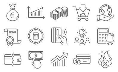 Set of Finance icons, such as Payment method, Shopping. Diploma, ideas, save planet. Money bag, Contactless payment, Hot loan. Chart, Savings, Calculator target. Vector
