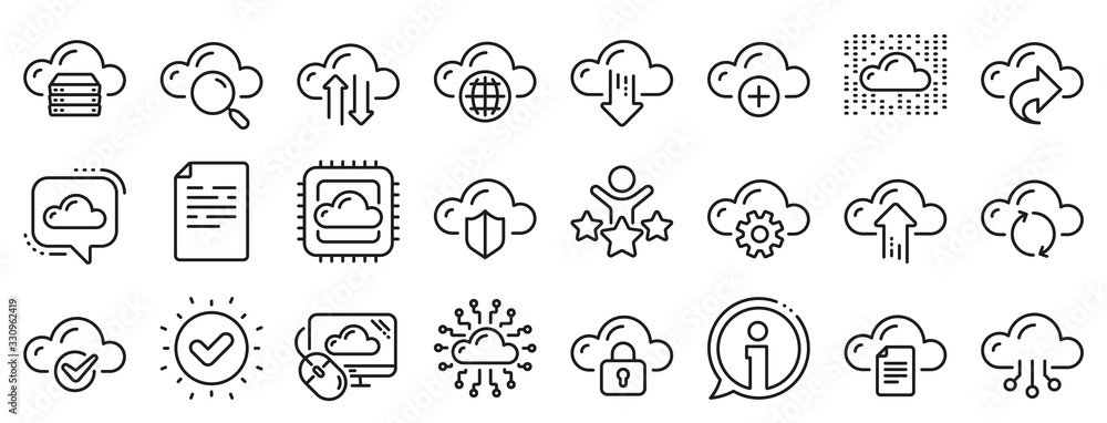 Poster set of hosting, computing data and file storage icons. cloud data and technology line icons. archive
