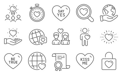 Set of Love icons, such as Be true, Friend. Diploma, ideas, save planet. Heartbeat timer, Couple love, Heart. World brand, Say yes, International love. Vector