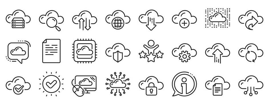 Set of Hosting, Computing data and File storage icons. Cloud data and technology line icons. Archive, Download, Share cloud files. Sync technology, Web server, Storage access. Vector