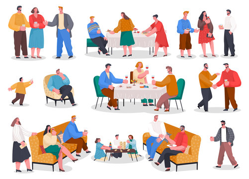 Men and women have dinner, party in restaurant or at home. Friends and family meeting with food and games. Set of isolated pictures with people having fun. Vector illustration of banquet in flat style