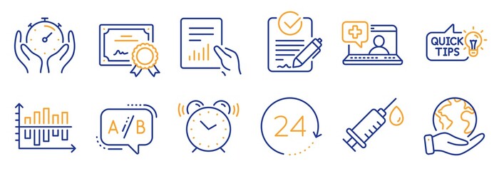 Set of Science icons, such as Education idea, Medical help. Certificate, save planet. Document, Timer, Medical syringe. Alarm clock, Diagram chart, Rfp. 24 hours, Ab testing line icons. Vector