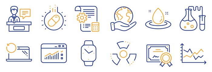 Set of Science icons, such as Fuel energy, Capsule pill. Certificate, save planet. Exhibitors, Settings blueprint, Smartwatch. Diagram chart, Recovery laptop, Web traffic. Vector