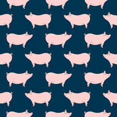 Seamless pattern with pig, farm (domestic) animal isolated on navy blue background. Cute print with colored graphic elements for textile, fabric, wrapping paper, scrapbooking, web design