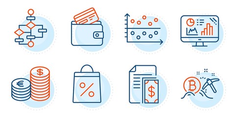 Shopping bag, Analytics graph and Currency signs. Debit card, Block diagram and Dot plot line icons set. Bitcoin mining, Payment symbols. Wallet with credit card, Algorithm path. Finance set. Vector