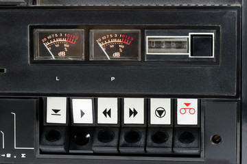 Closeup of control buttons of old audio tape recorder