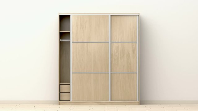Wardrobe with sliding doors in the room, front view