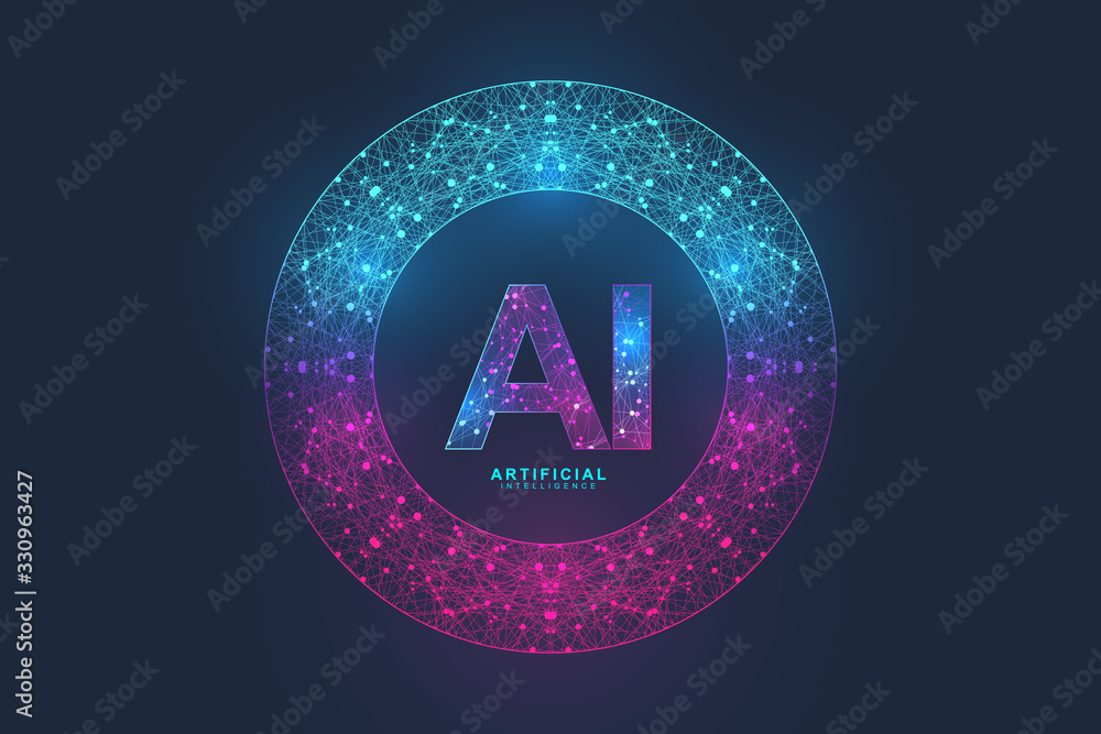 Fototapete Artificial Intelligence Logo Plexus effect. Artificial Intelligence and Machine Learning Concept. Vector symbol AI. Neural networks and another modern technologies concepts. Technology sci-fi concept.